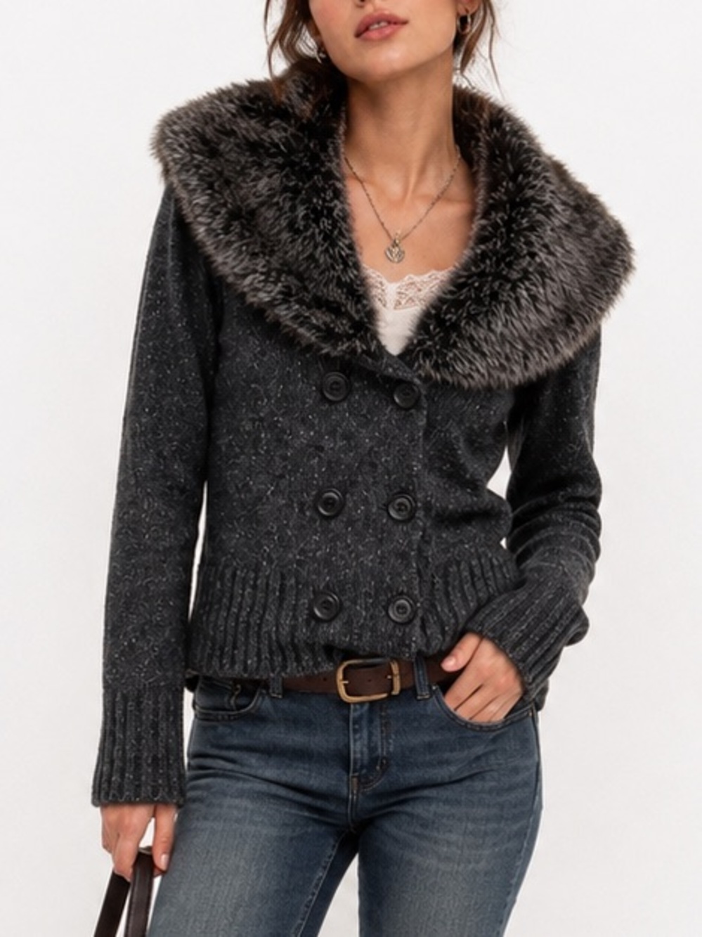 Romeo & Juliet Couture Faux Fur Collar Cardigan Jacket Charcoal Gray Size 8